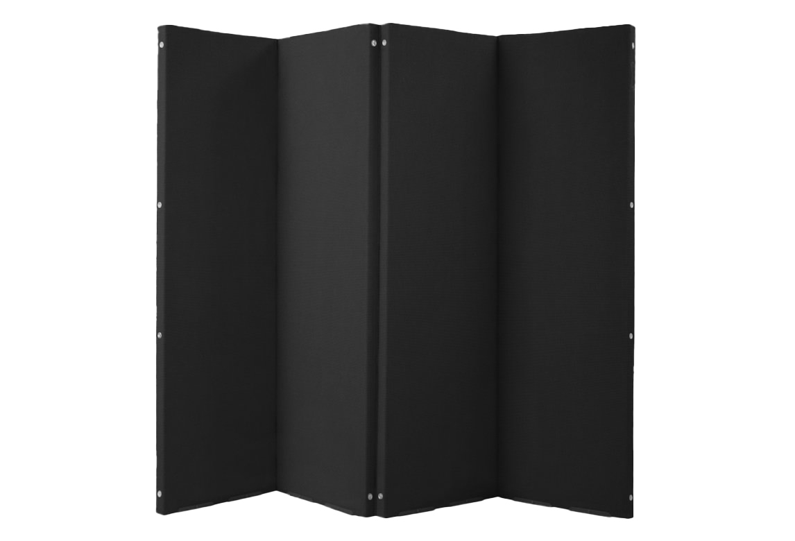 Black four-panel folding room divider shown partially folded against a white background.