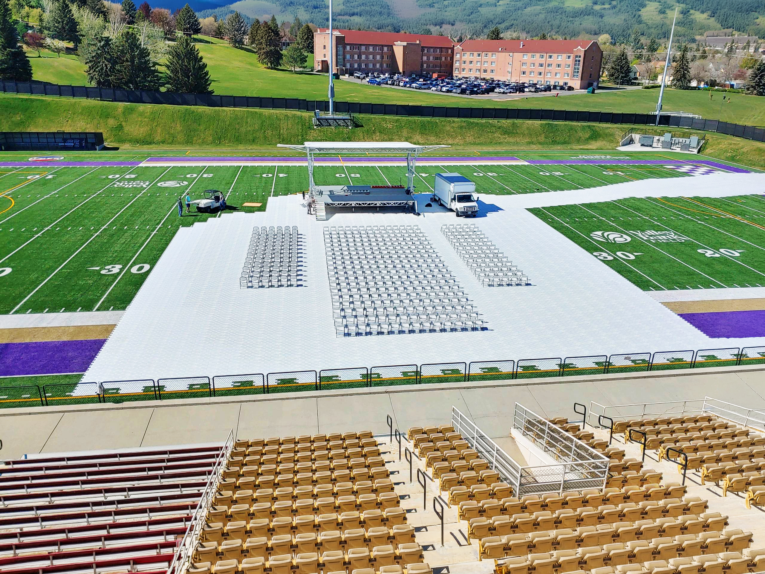 The stadium is using EverBase 4 to extend the stage and convert the turf with a ceremony stage