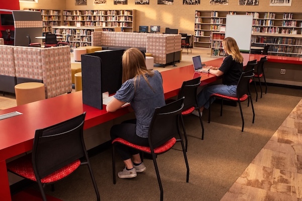 People working at a long, shared table with desktop privacy panels.