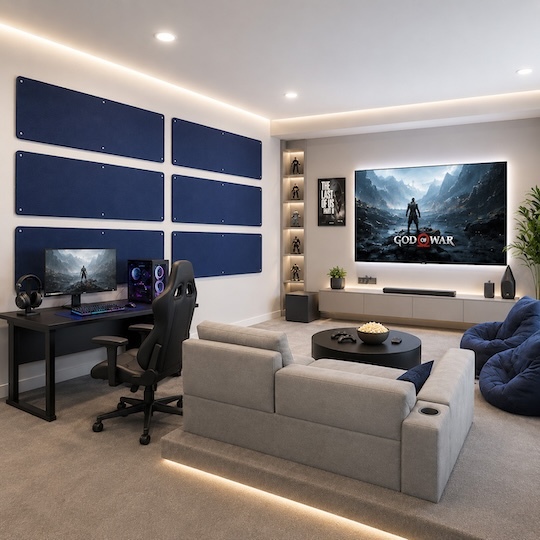 Contemporary media and gaming room with a desk setup including a monitor and LED-lit PC, wall-mounted acoustic panels, and a large wall-mounted screen displaying a video game, with a sofa, round coffee table, and soft ambient lighting throughout the space.