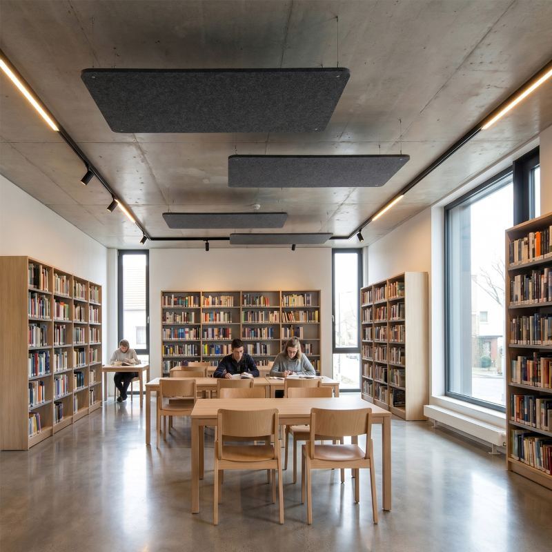 Modern library reading room with bookshelves, wooden tables and chairs, and suspended acoustic ceiling panels.