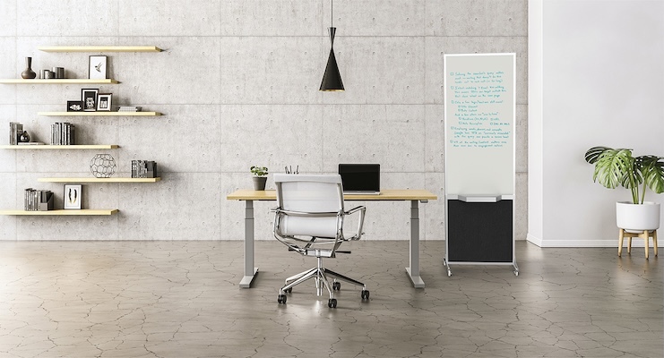 Modern minimalist office with a desk, ergonomic chair, laptop, wall shelves, and a freestanding mobile whiteboard on casters displaying handwritten notes.