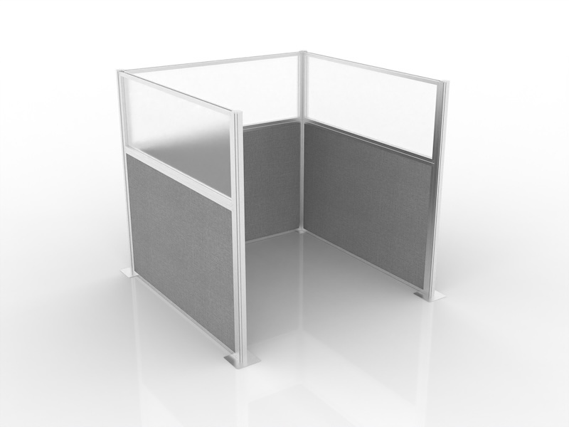 U-shaped, single cubicle formation with gray fabric panels, upper window panels, and silver frames on white studio background.