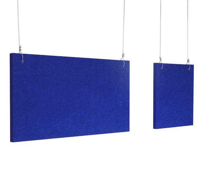 Blue hanging acoustic baffles suspended by cables for ceiling-mounted sound absorption.