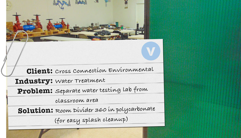 Graphic reading, "Client: Cross Connection Environmental. Industry: Water Treatment. Problem: Separate water testing lab from classroom area. Solution: Room Divider 360 in polycarbonate (for easy splash cleanup)."