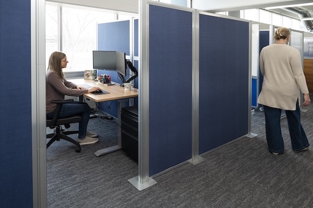 Modern office with blue freestanding privacy panels dividing workstations. A woman works at a desk with a computer on the left, while another woman walks through the partitioned workspace on the right. Large windows provide natural light, and gray carpet covers the floor.