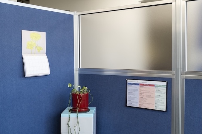 Blue fabric freestanding office partition panels with aluminum frames and a frosted translucent upper section. A wall calendar hangs on the left panel, while a potted plant sits on a small white cabinet below. A framed informational sign is mounted on the center panel.