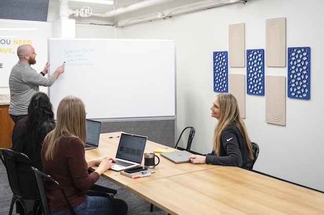 Conference room with decorative acoustic wall panels, a presenter at a whiteboard, and a team meeting.